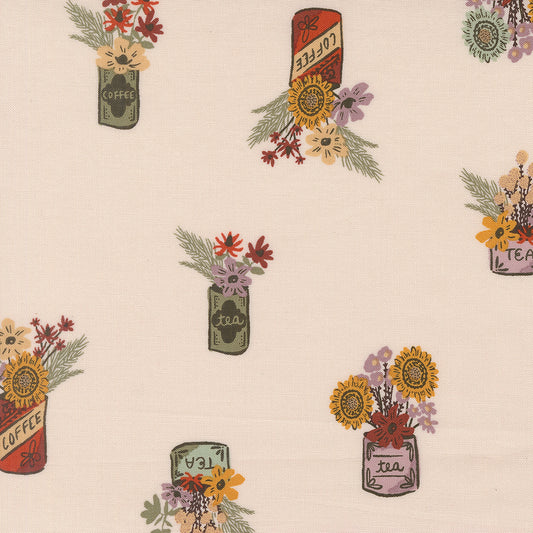 Vintage Novelty Flower Jars fabric on cream background.  