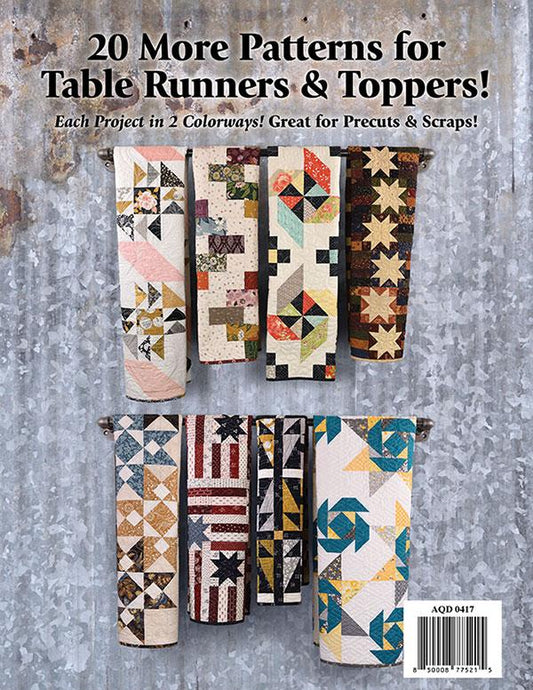 Back cover of Tabletastic 3 with patterns for table runners and toppers on a textured gray background