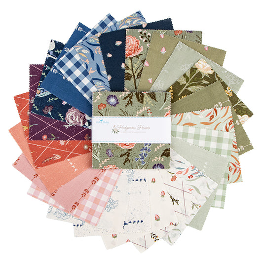 Hedgerow Haven 5 inch Stacker squares fanned out to show the prints, by Amber Elliot of Alderwood Studio for Riley Blake Designs
