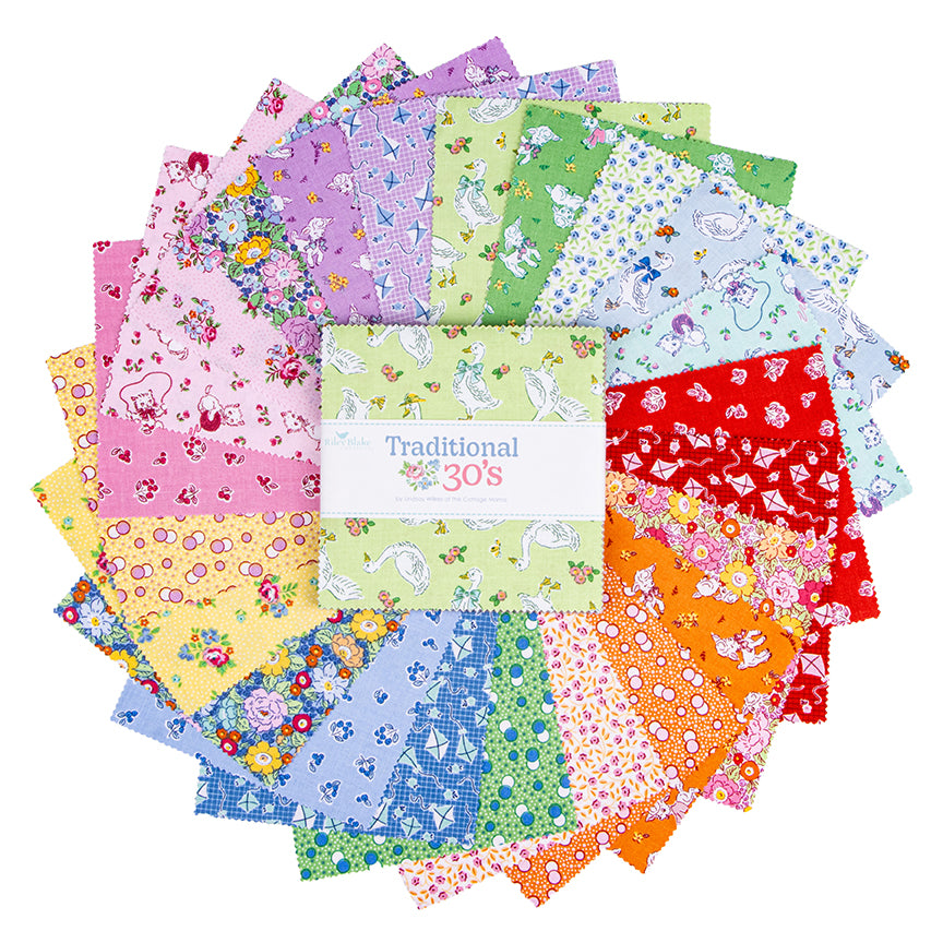 fanned out collection of 5 inch stackers in the Traditional 30s fabric collection.  