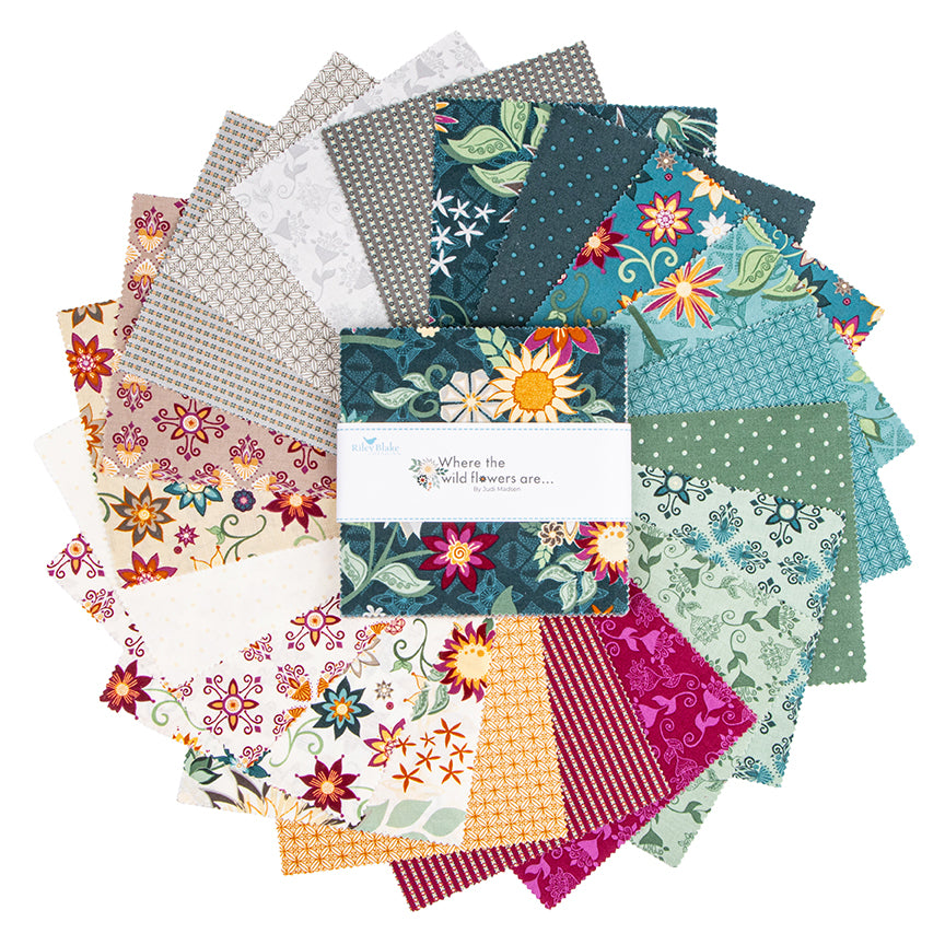 5 inch stacker of fanned out fabrics.  The Where the Wild Flowers are by Judi Madsen. 