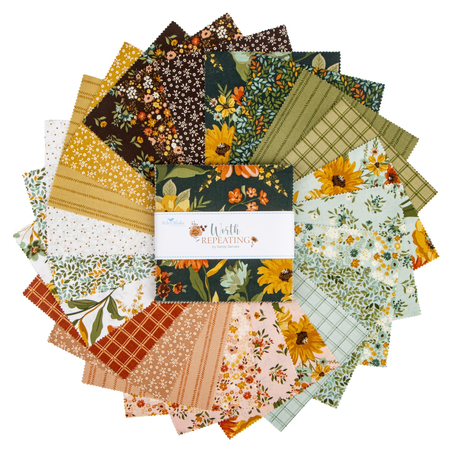 Worth Repeating fabric collection 5 inch stacker fanned out. 
