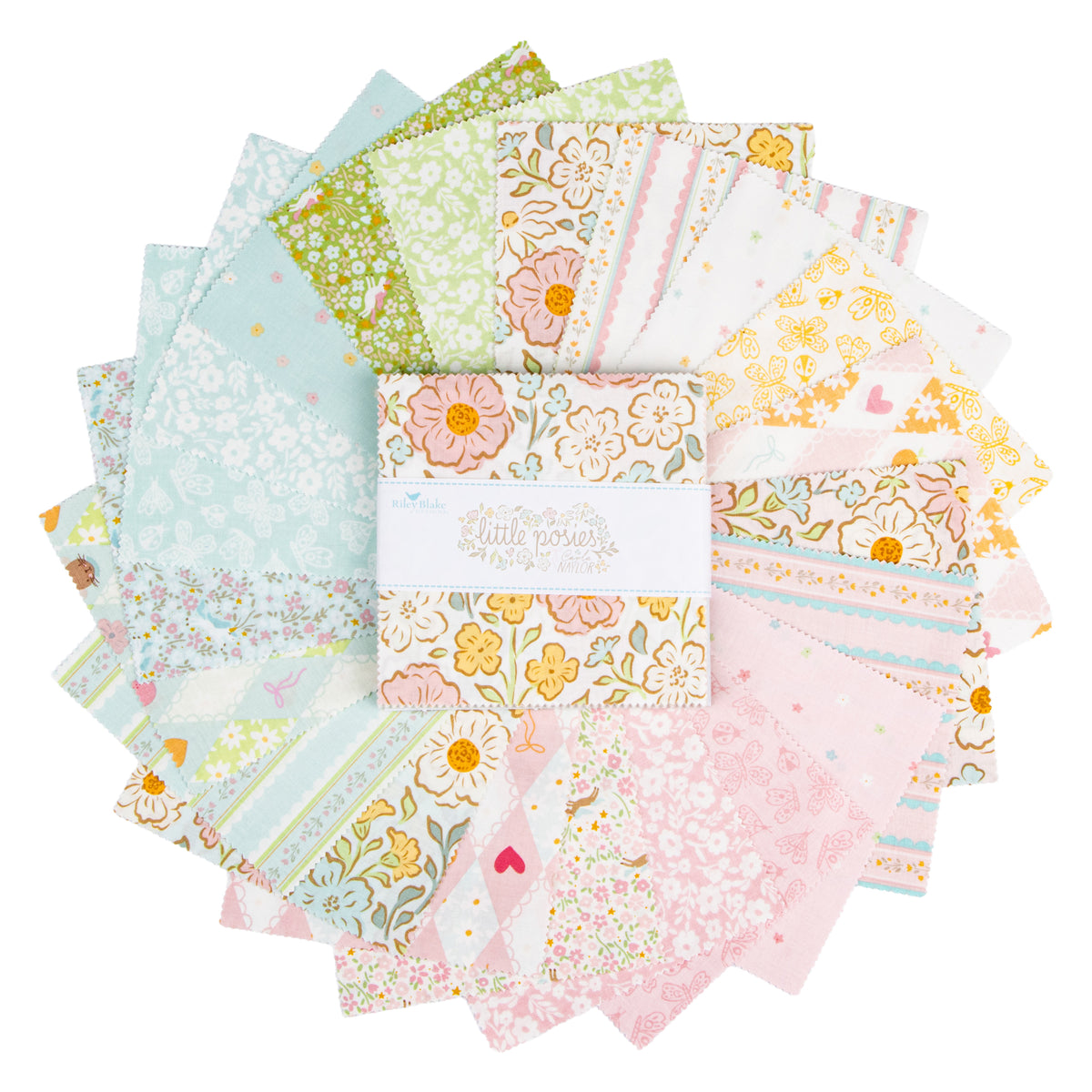 A stack of  Little Posies by Cayla Naylor patterned fabric squares fanned out in a circular arrangement on a white background. The fabrics feature pastel floral, ditsy, stripe, and patchwork designs in pink, mint green, yellow, and white, with a white paper band around the center that reads ' quilt your own'.