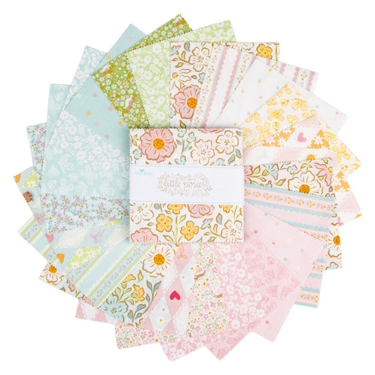 A stack of  Little Posies by Cayla Naylor patterned fabric squares fanned out in a circular arrangement on a white background. The fabrics feature pastel floral, ditsy, stripe, and patchwork designs in pink, mint green, yellow, and white, with a white paper band around the center that reads ' quilt your own'.
