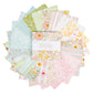 A stack of  Little Posies by Cayla Naylor patterned fabric squares fanned out in a circular arrangement on a white background. The fabrics feature pastel floral, ditsy, stripe, and patchwork designs in pink, mint green, yellow, and white, with a white paper band around the center that reads ' quilt your own'.