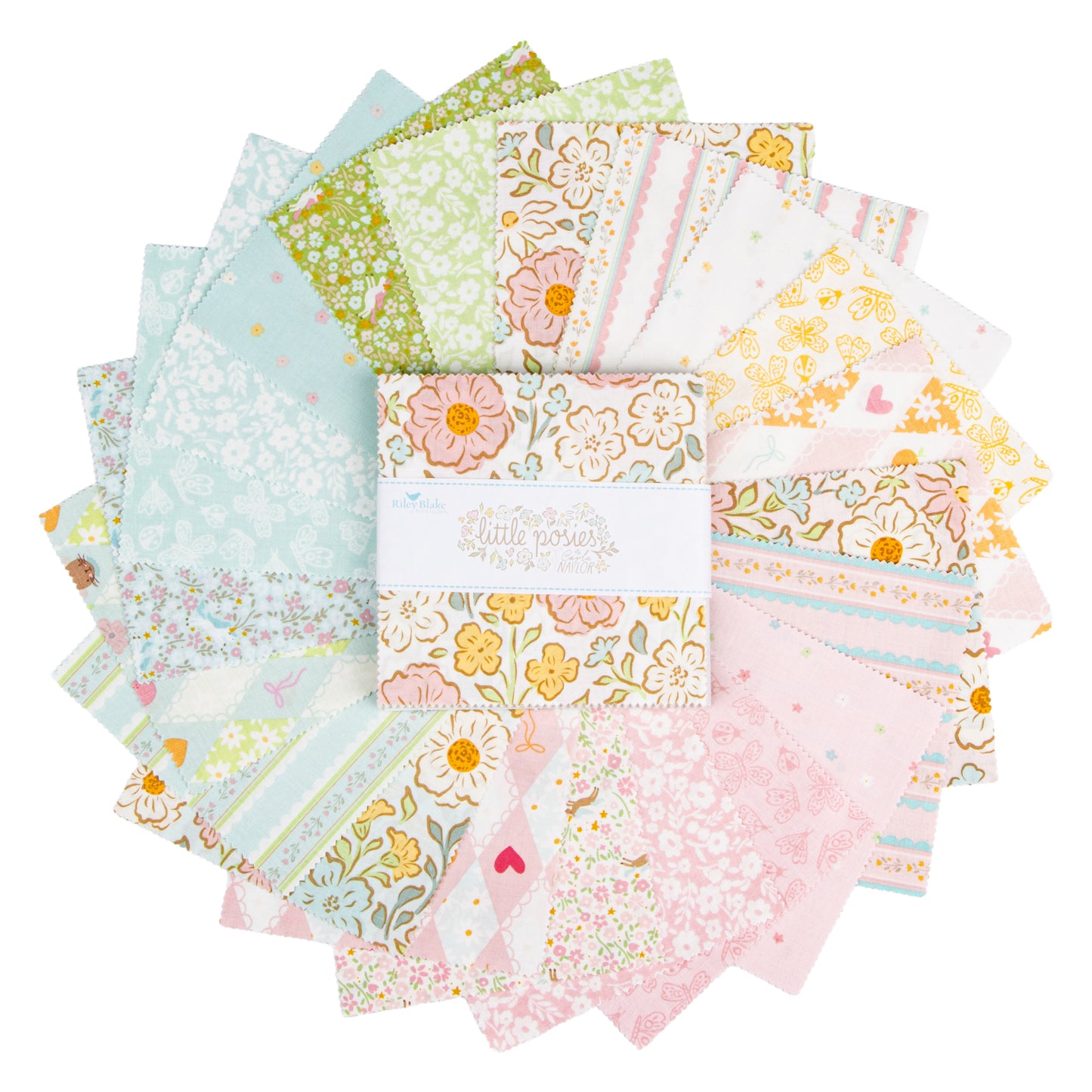 A stack of  Little Posies by Cayla Naylor patterned fabric squares fanned out in a circular arrangement on a white background. The fabrics feature pastel floral, ditsy, stripe, and patchwork designs in pink, mint green, yellow, and white, with a white paper band around the center that reads ' quilt your own'.