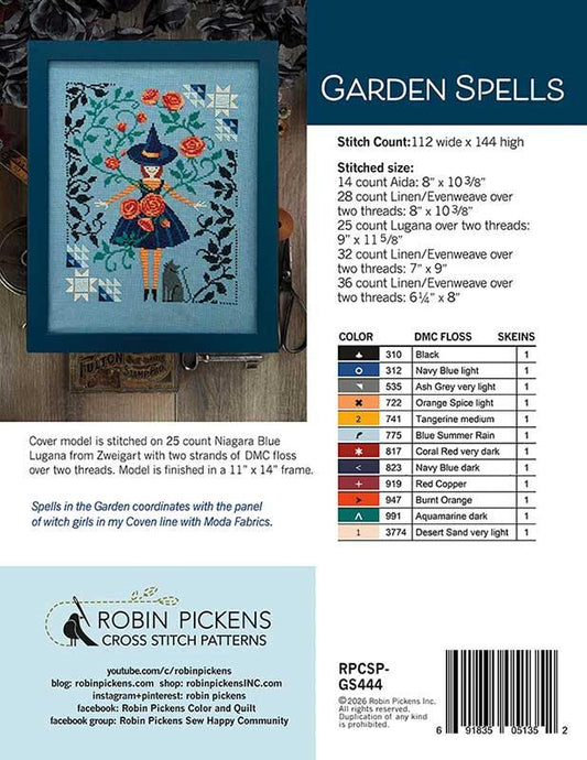 Back cover of the Garden Spells cross stitch pattern.  