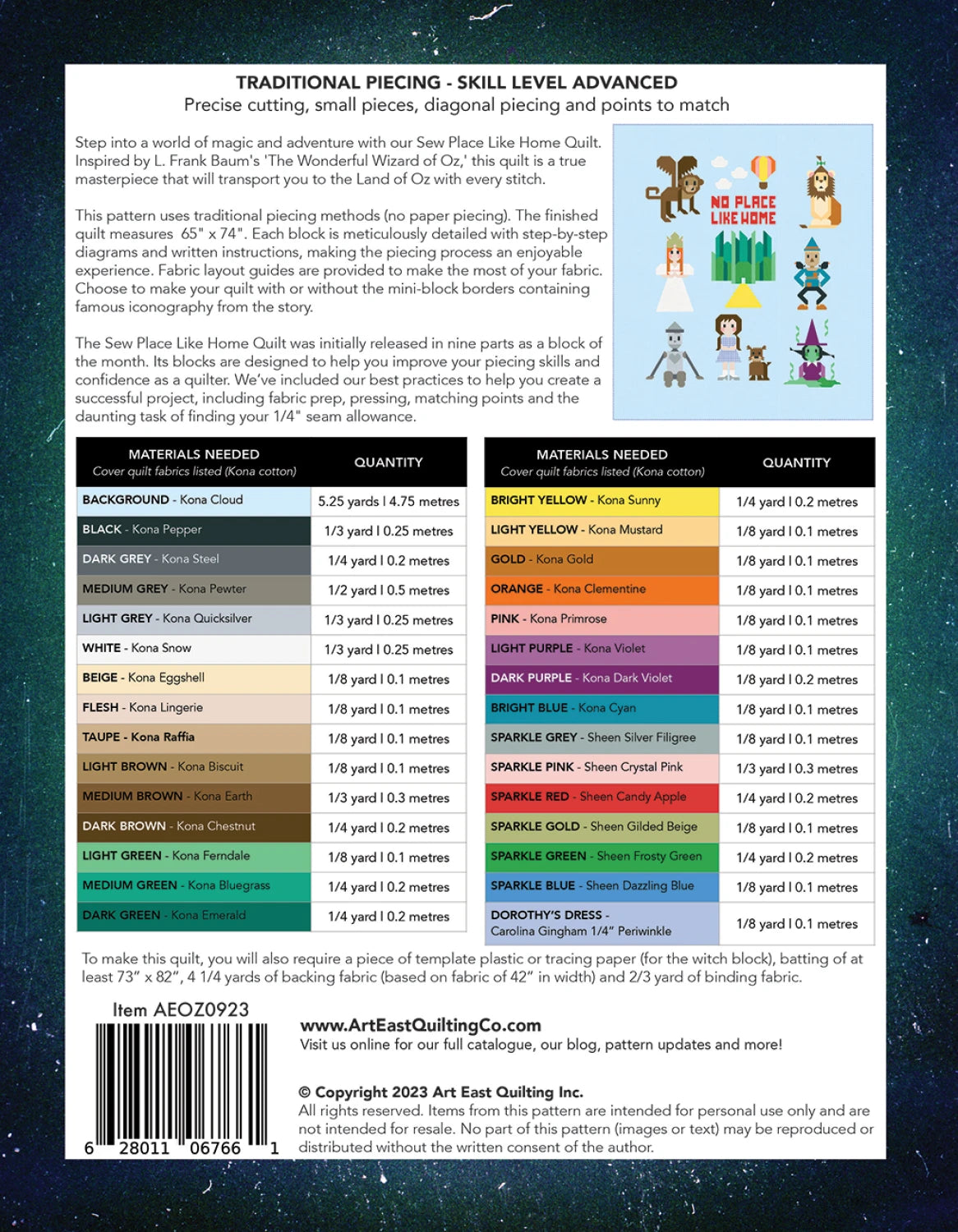 Sew Place Like Home pattern booklet back with complete materials list.  