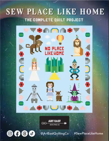Cover of 'Sew Place Like Home' quilt project with pixel art characters and design elements.