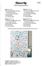 A fabric requirements chart titled 'Cheer Up' showing pattern pieces, yardage needs, and a small printed sample of the fabric design. The layout includes text for Crib, Twin, and Queen sizes, plus a central preview of the printed fabric pattern.