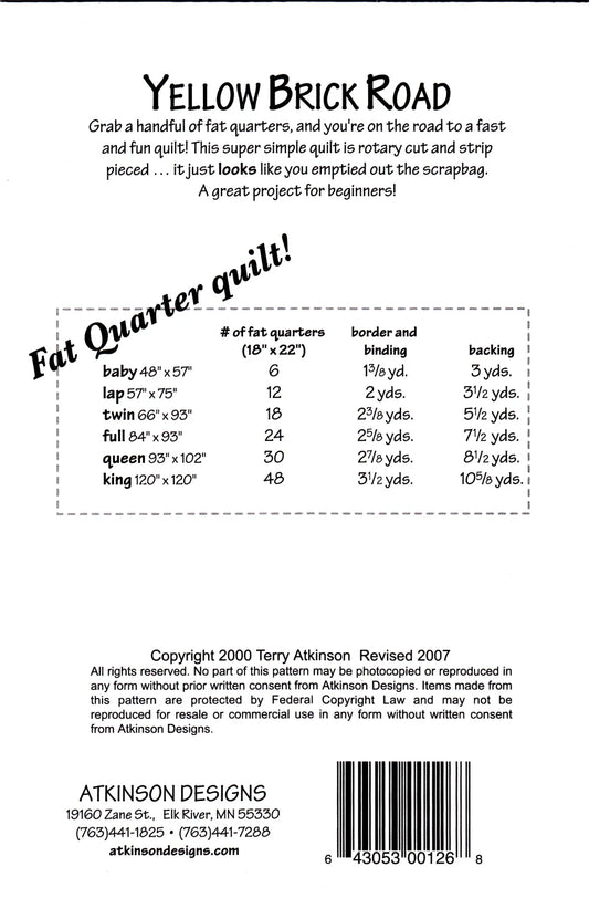 Yellow Brick Road pattern requirements on back of pattern