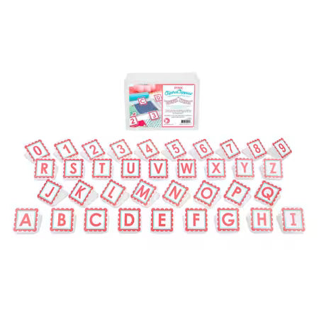 Alphabet and number craft letter tiles arranged on a white background, with their retail packaging box visible in the upper center.