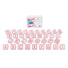 Alphabet and number craft letter tiles arranged on a white background, with their retail packaging box visible in the upper center.