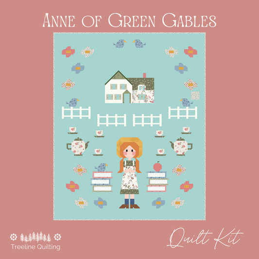 Anne of Green Gables quilt kit cover design by Treeline Quilting, featuring a light blue central panel with a house, fence, teapots, flowers, and a girl in an apron, set against a dusty pink background with the title and 'Quilt Kit' text.