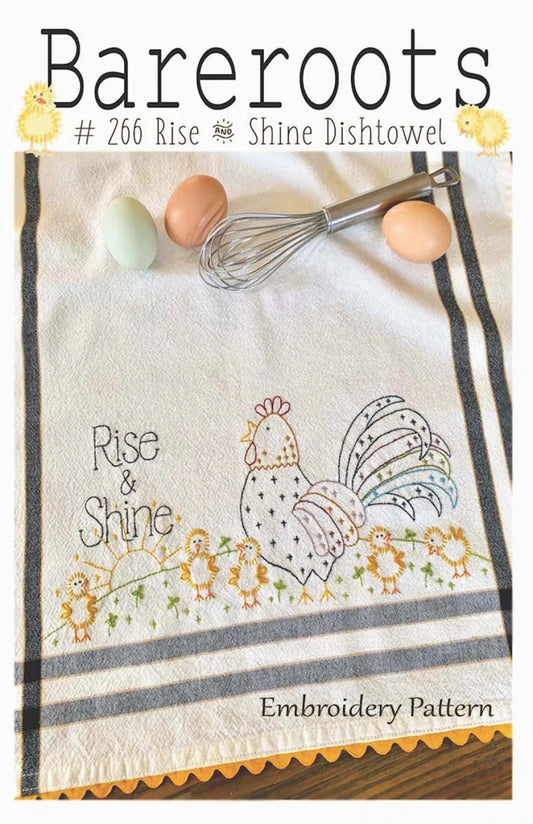 Rise & Shine Embroidery Dishtowel Pattern cover with a chicken and its chicks embroidered on a towel. 