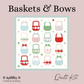 A quilt kit cover titled 'Baskets & Bows' by Treeline Quilting, featuring the baskets and bows quilt design with a grid of colorful basket motifs in pastel red, green, pink, and blue on a white background, surrounded by a floral border, set against a dusty pink background.  Fabric featured is Whimsical Woodland by Tasha Noel