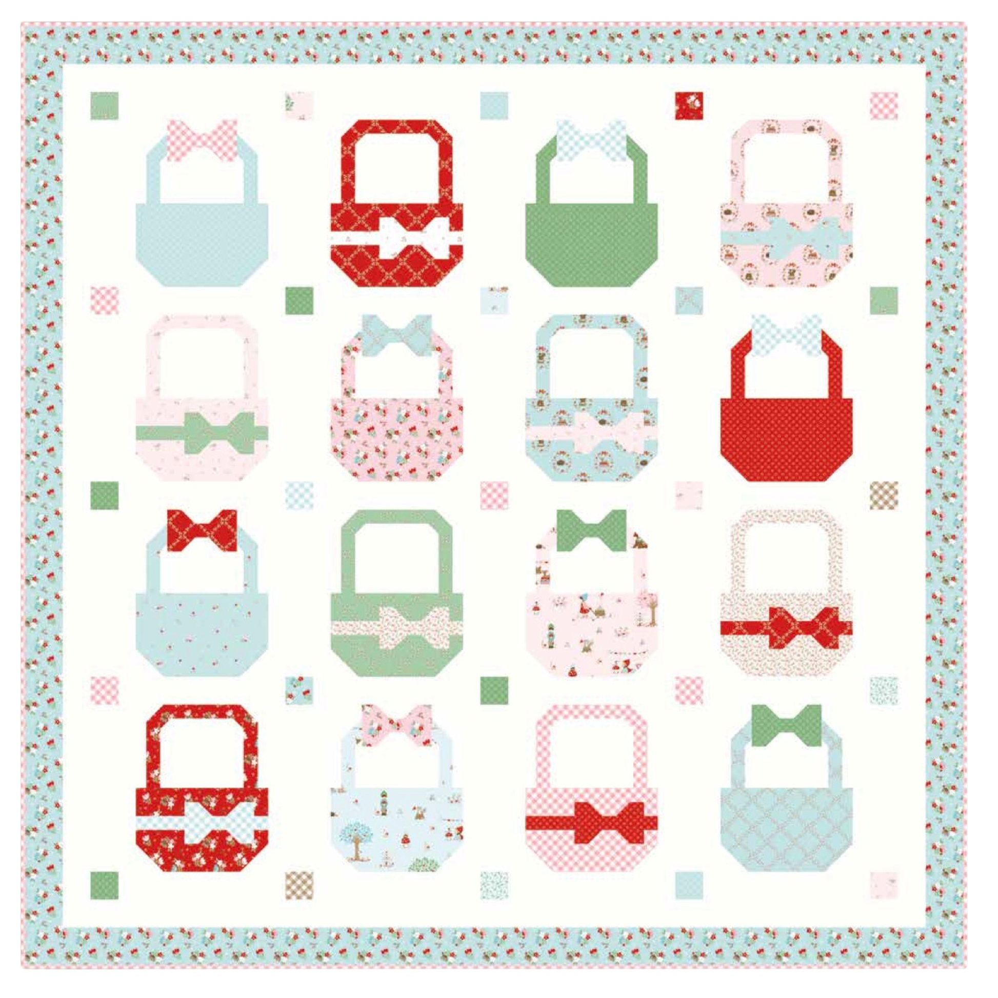 Quilt mock up of Baskets and Bows quilt pattern by My Sew Quilty Life featuring the Whimsical Woodland fabric collection by Tasha Noel