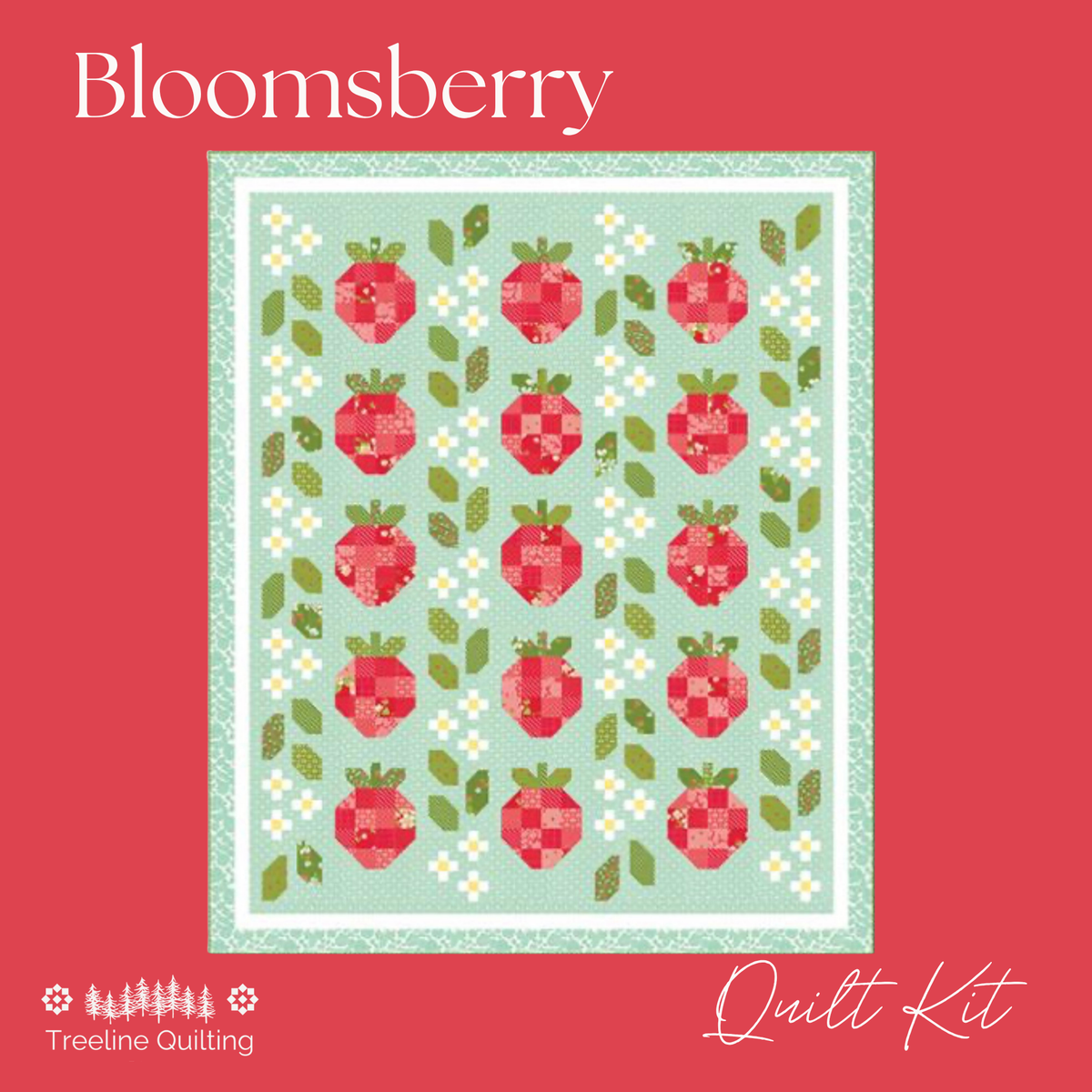 Bloomsberry quilt kit cover featuring a square quilt design with red apple motifs on a light mint green background, surrounded by a white and green border, set against a solid red background with Treeline Quilting branding.