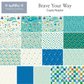 A quilted fabric swatch collection display titled 'Brave Your Way' by Cayla Naylor and Treeline Quilting. The image shows a 4x4 grid of various patterned fabrics in shades of blue, green, teal, and white, featuring whimsical illustrations, stripes, dots, and checkered designs.