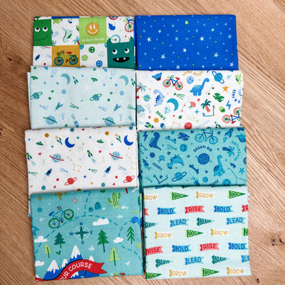 Eight-piece Brave Your Way petite fat quarter bundle featuring the Lagoon main print, by Cayla Naylor for Riley Blake Designs.