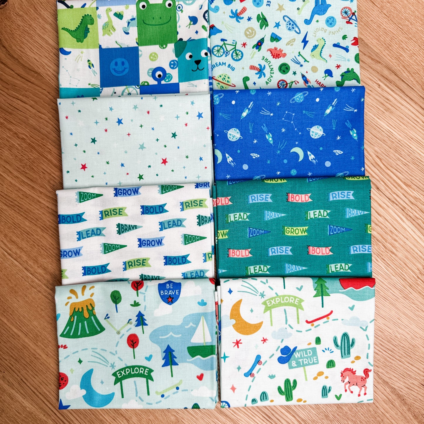 Eight-piece Brave Your Way petite fat quarter bundle featuring the Mint main print, by Cayla Naylor for Riley Blake Designs.