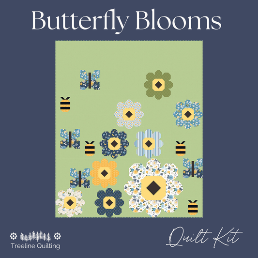 Butterfly Blooms quilt kit cover featuring a central quilt design with floral and bumblebee motifs on a light green background, set against a dark blue-gray backdrop with the title 'Butterfly Blooms' and 'Treeline Quilting' branding.  Features the Sunshine & Dandelions fabric collection