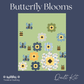 Butterfly Blooms quilt kit cover featuring a central quilt design with floral and bumblebee motifs on a light green background, set against a dark blue-gray backdrop with the title 'Butterfly Blooms' and 'Treeline Quilting' branding.  Features the Sunshine & Dandelions fabric collection