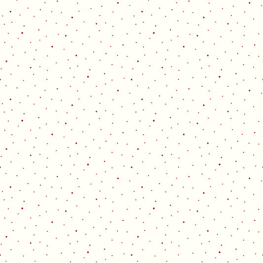 Dapple Dot quilting fabric by Riley Blake Designs featuring scattered barn red pin dots in two sizes on an off-white background.