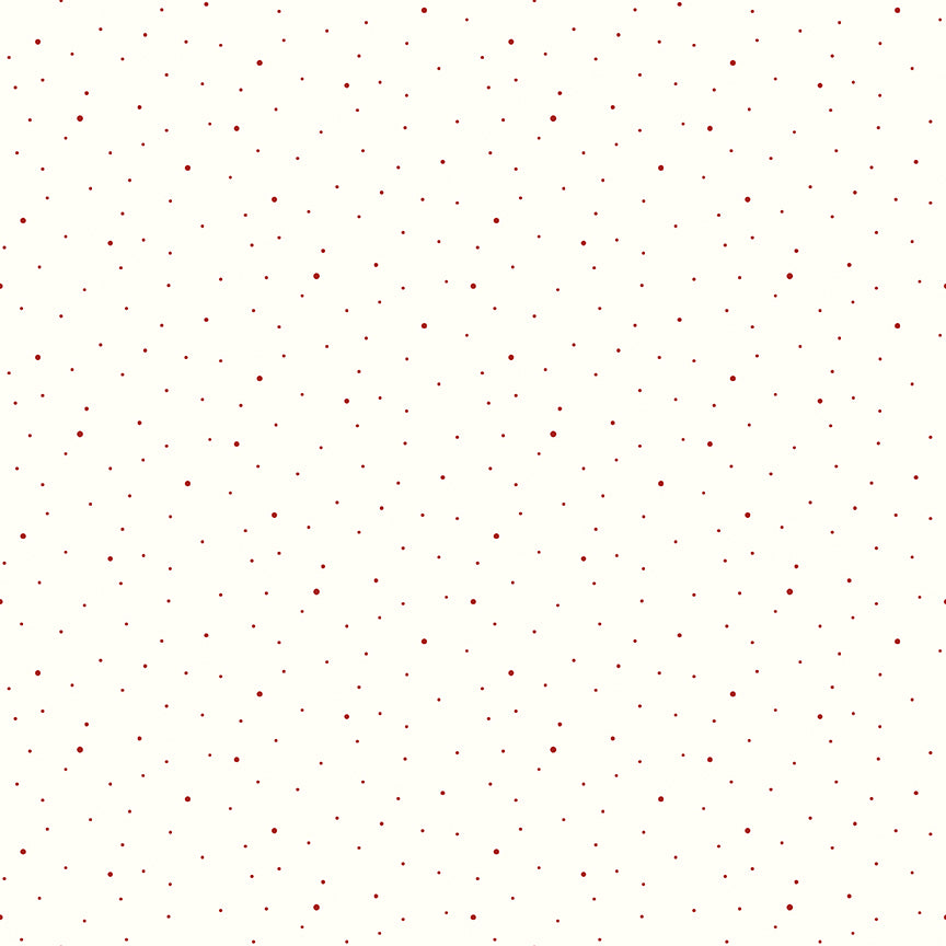 Dapple Dot quilting fabric by Riley Blake Designs featuring scattered barn red pin dots in two sizes on an off-white background.