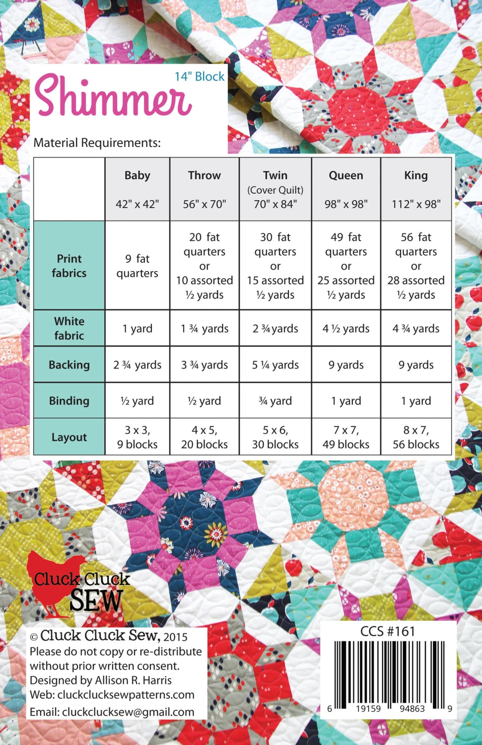 Shimmer quilt pattern back cover by Cluck Cluck Sew with fabric requirements for 5 different sizes