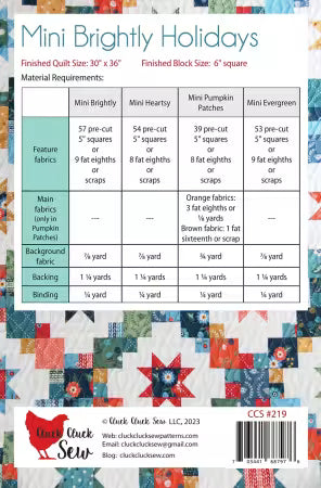 A fabric quilt pattern sheet titled 'Mini Brightly Holidays' showing a material requirements table with fabric options, finished quilt and block sizes, and a quilted patchwork preview. The brand 'Chick Luck Sew' is visible at the bottom.