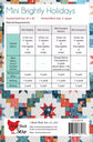 A fabric quilt pattern sheet titled 'Mini Brightly Holidays' showing a material requirements table with fabric options, finished quilt and block sizes, and a quilted patchwork preview. The brand 'Chick Luck Sew' is visible at the bottom.