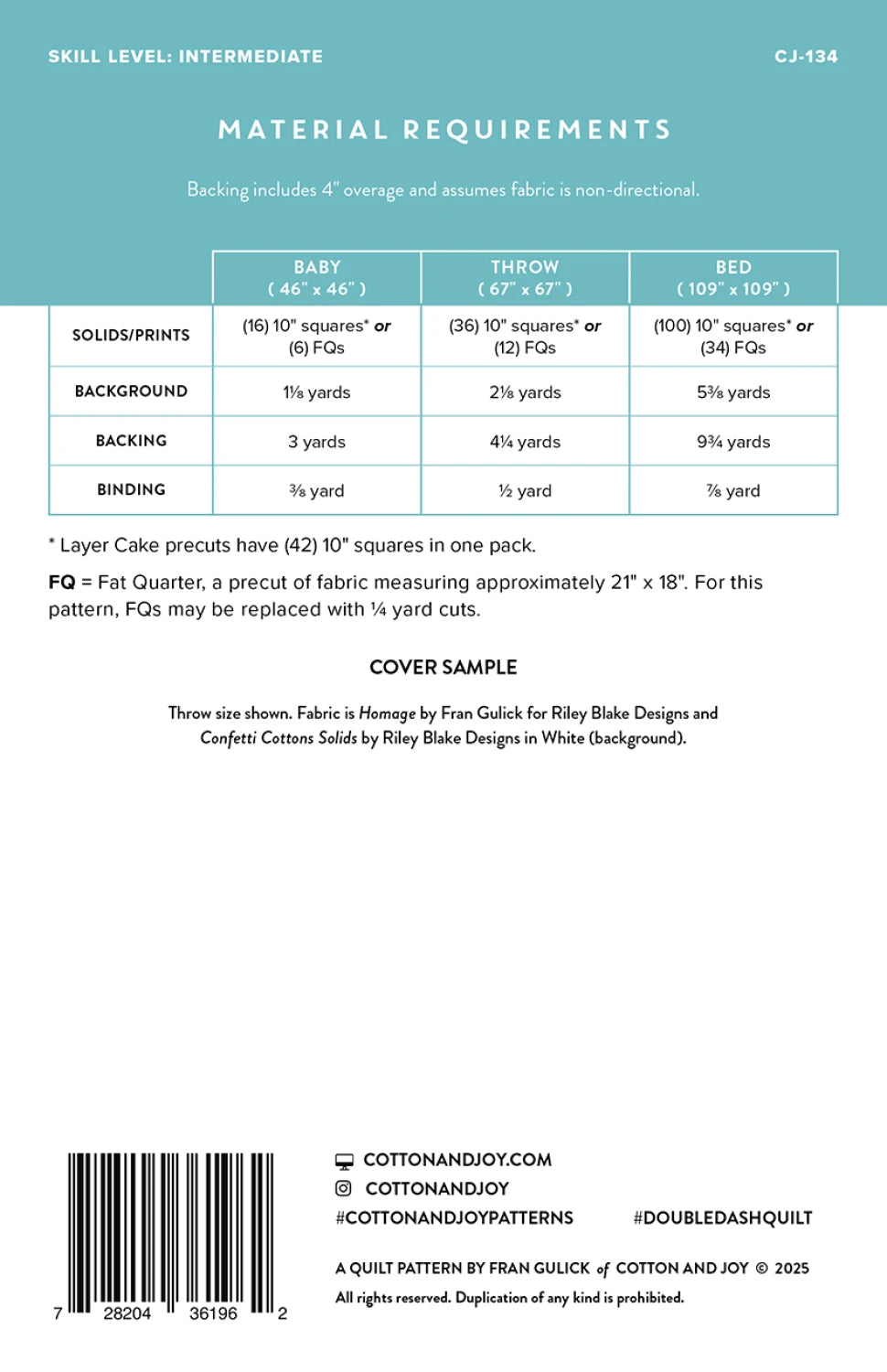 Material requirements chart for the Double Dash quilt pattern on a white background with text and measurements.