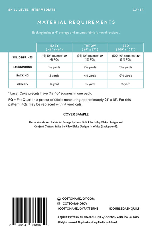 Material requirements chart for the Double Dash quilt pattern on a white background with text and measurements.