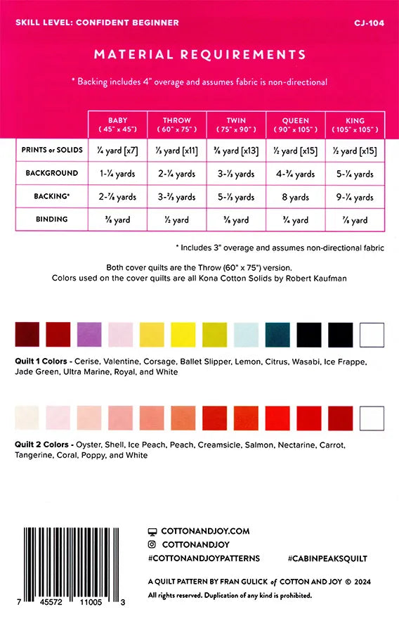 Back cover of the Cabin Peaks quilt pattern showing quilt sizes, fabric requirements, and pattern information.
