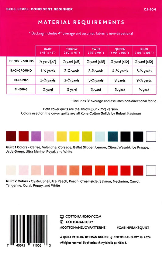Back cover of the Cabin Peaks quilt pattern showing quilt sizes, fabric requirements, and pattern information.
