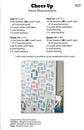 A fabric requirements chart titled 'Cheer Up' showing pattern pieces, yardage needs, and a small printed sample of the fabric design. The layout includes text for Crib, Twin, and Queen sizes, plus a central preview of the printed fabric pattern.