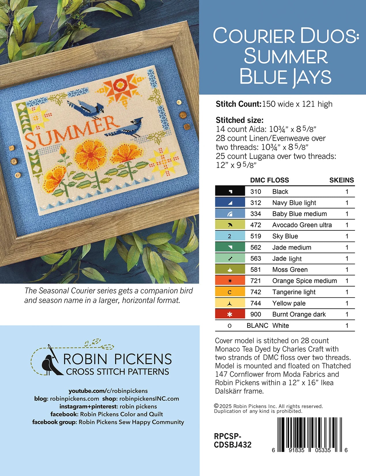 Courier Duos: Summer Blue Jays Cross Stitch Printed Pattern