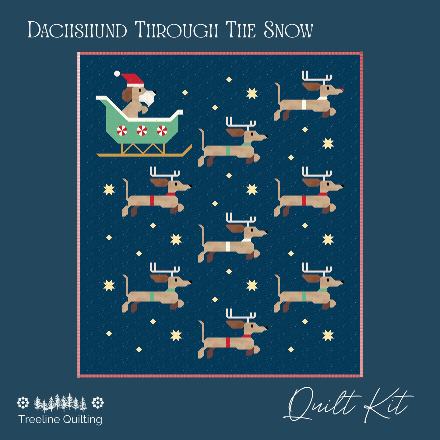 Quilt Kit image for Dachshund Through the Snow Quilt.  Features a Santa Dachshund flying his sleigh with his 8 reindeer on a starry sky background.  