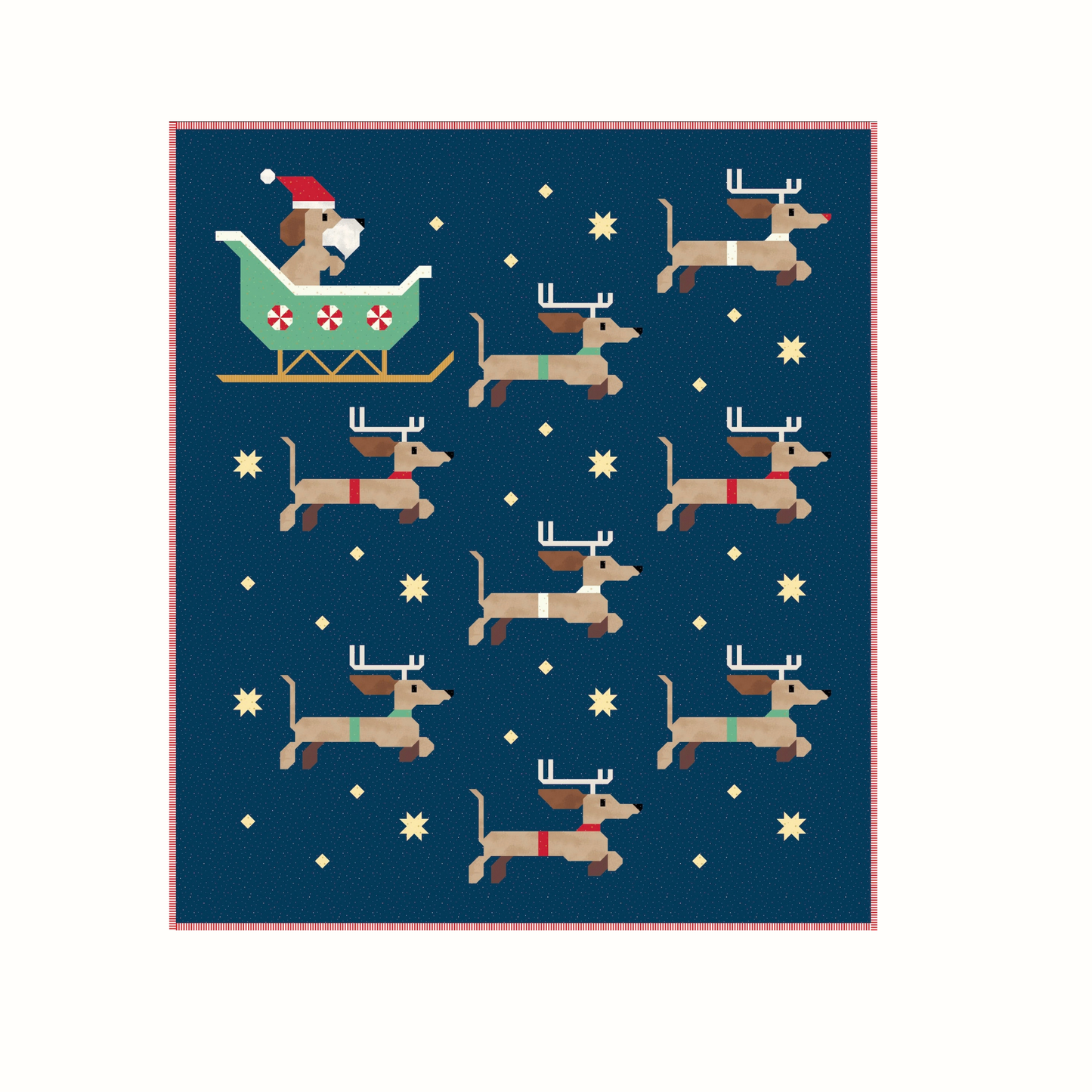  Mock Up image for Dachshund Through the Snow Quilt.  Features a Santa Dachshund flying his sleigh with his 8 reindeer on a starry sky background.  