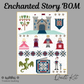 Enchanted Story BOM mock up featuring a quilt kit with Storybook Basics fabric showing castle, royal court, dragon, and other Storybook motifs