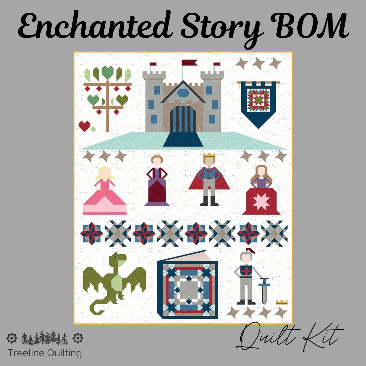 Enchanted Story BOM mock up featuring a quilt kit with Storybook Basics fabric showing castle, royal court, dragon, and other Storybook motifs