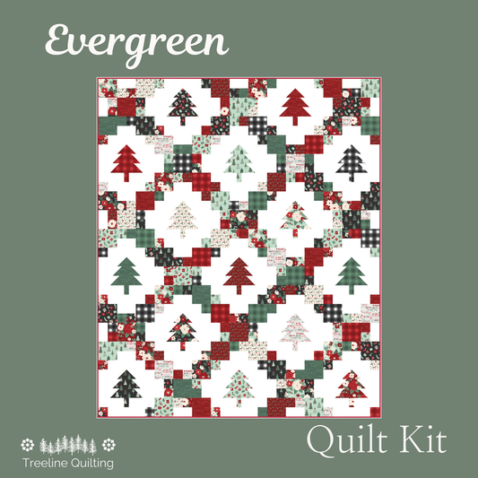 A quilt kit cover design featuring a Christmas-themed patchwork quilt with red, green, black, and white geometric patterns and tree motifs, set against a muted green background with the text 'Evergreen Quilt Kit' and 'Treeline Quilting' visible.  Features the Evergreen Wishes fabric by Traci Reed and the Evergreen quilt pattern by Cluck Cluck Sew