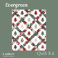A quilt kit cover design featuring a Christmas-themed patchwork quilt with red, green, black, and white geometric patterns and tree motifs, set against a muted green background with the text 'Evergreen Quilt Kit' and 'Treeline Quilting' visible.  Features the Evergreen Wishes fabric by Traci Reed and the Evergreen quilt pattern by Cluck Cluck Sew