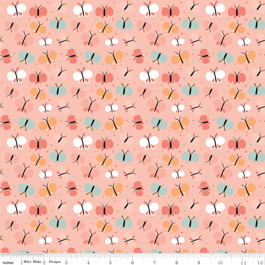 Love You to the Moon Butterflies Coral Flannel Yardage