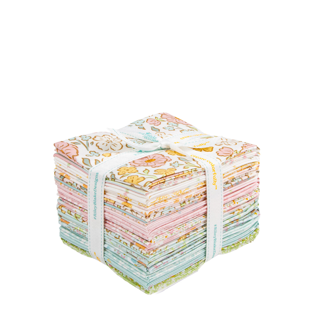 A stack of Little Posies fat quarters  folded quilting fabrics bundled with a white paper band, featuring various pastel floral and botanical patterns in pink, green, yellow, and blue on a white background.
