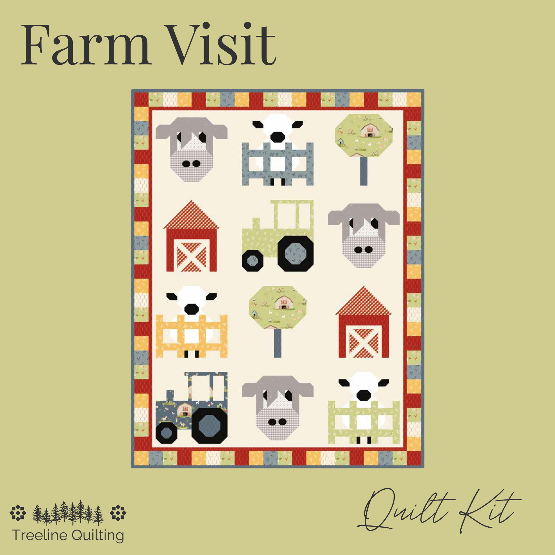 A quilt pattern cover titled 'Farm Visit' by Treeline Quilting, showing a central quilt design with farm-themed motifs including cows, a tractor, barns, fences, and trees on a cream background with a multicolor border, set against a solid olive-green background.