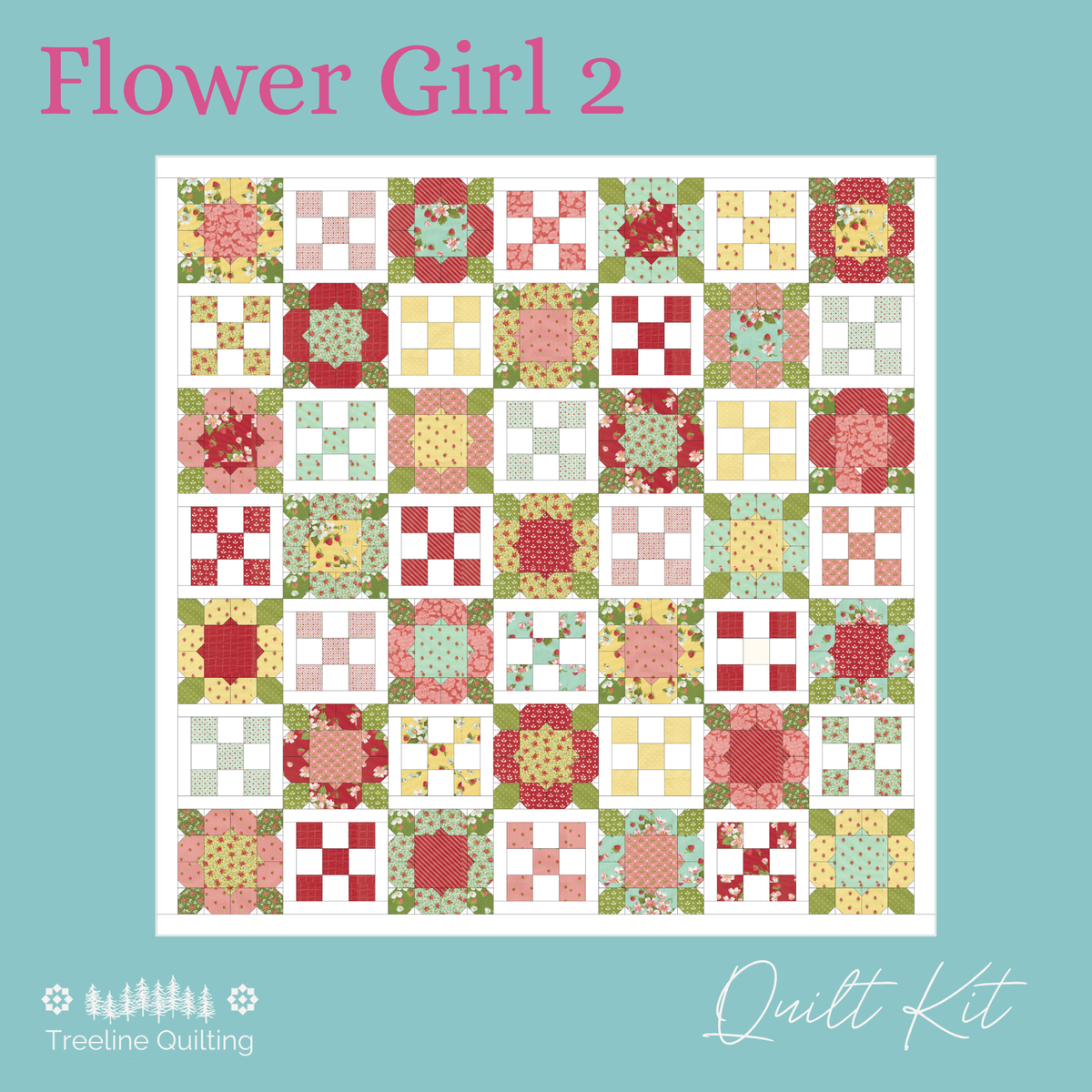 Flower Girl 2 quilt kit mock up sales sheet with finished size of 74 x 74 featuring the Bloomsberry Collection by Camille Roskelley