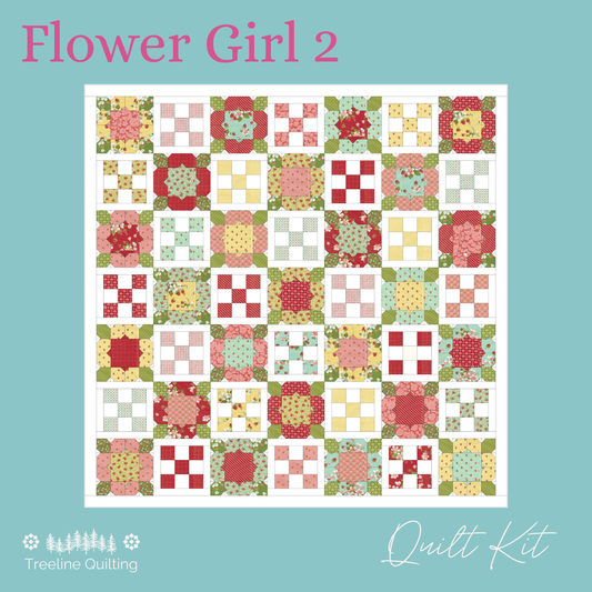 Flower Girl 2 quilt kit mock up sales sheet with finished size of 74 x 74 featuring the Bloomsberry Collection by Camille Roskelley