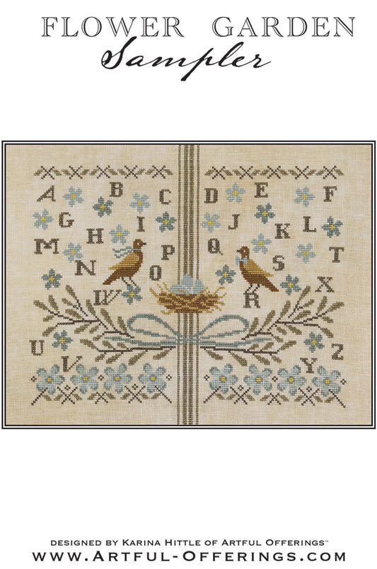Flower Garden Sampler cross stitch front cover by Artful Offerings.  An alphabet sampler with two birds and a nest between them.  A small floral border at the bottom.  